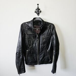 Sakura 100% Leather Moto Jacket Size L Black Chain Detail